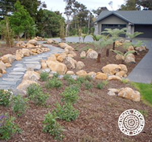 Crazy paved steps and rock border